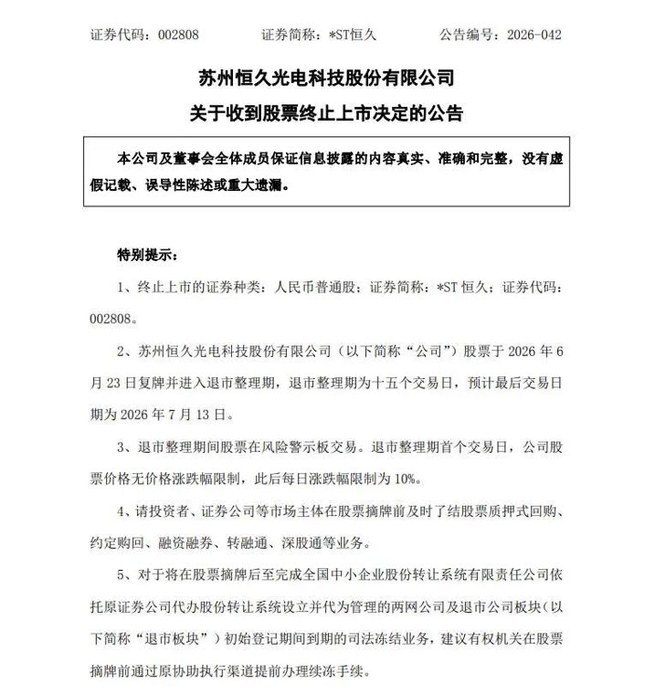 *ST恒久,退市倒计时!